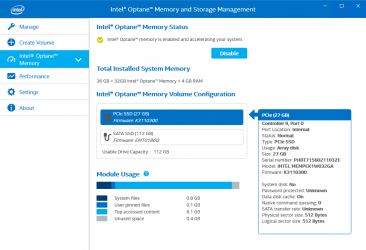 Captura 3 Intel® Optane™ Memory and Storage Management windows