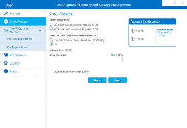 Captura 1 Intel® Optane™ Memory and Storage Management windows