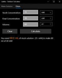 Capture 2 Solution Calculator - Dilute , Prepare, Concentrate windows